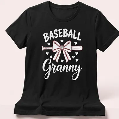 Line-art illustration of a baseball bat with a bow and text 'BASEBALL Granny' in red and white. — printed on a women's shirt