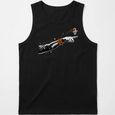 Vintage illustration of a hand pointing, in black, orange, and white. — printed on a tank top