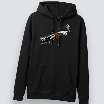 Vintage illustration of a hand pointing, in black, orange, and white. — printed on a unisex hoodie