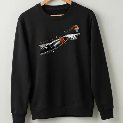 Vintage illustration of a hand pointing, in black, orange, and white. — printed on a unisex sweatshirt