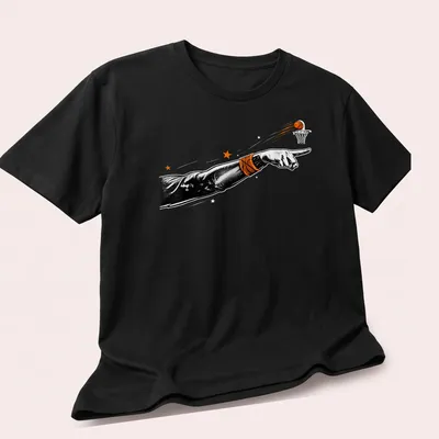 Vintage illustration of a hand pointing, in black, orange, and white. — printed on a unisex t-shirt (angled view)