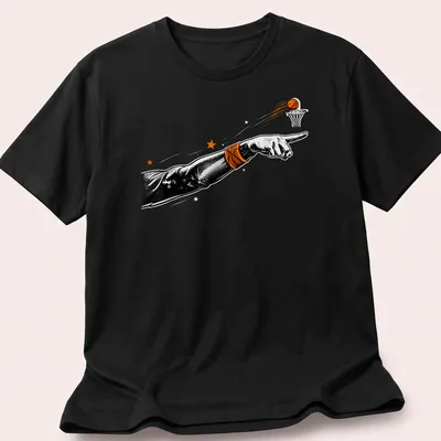 Vintage illustration of a hand pointing, in black, orange, and white.