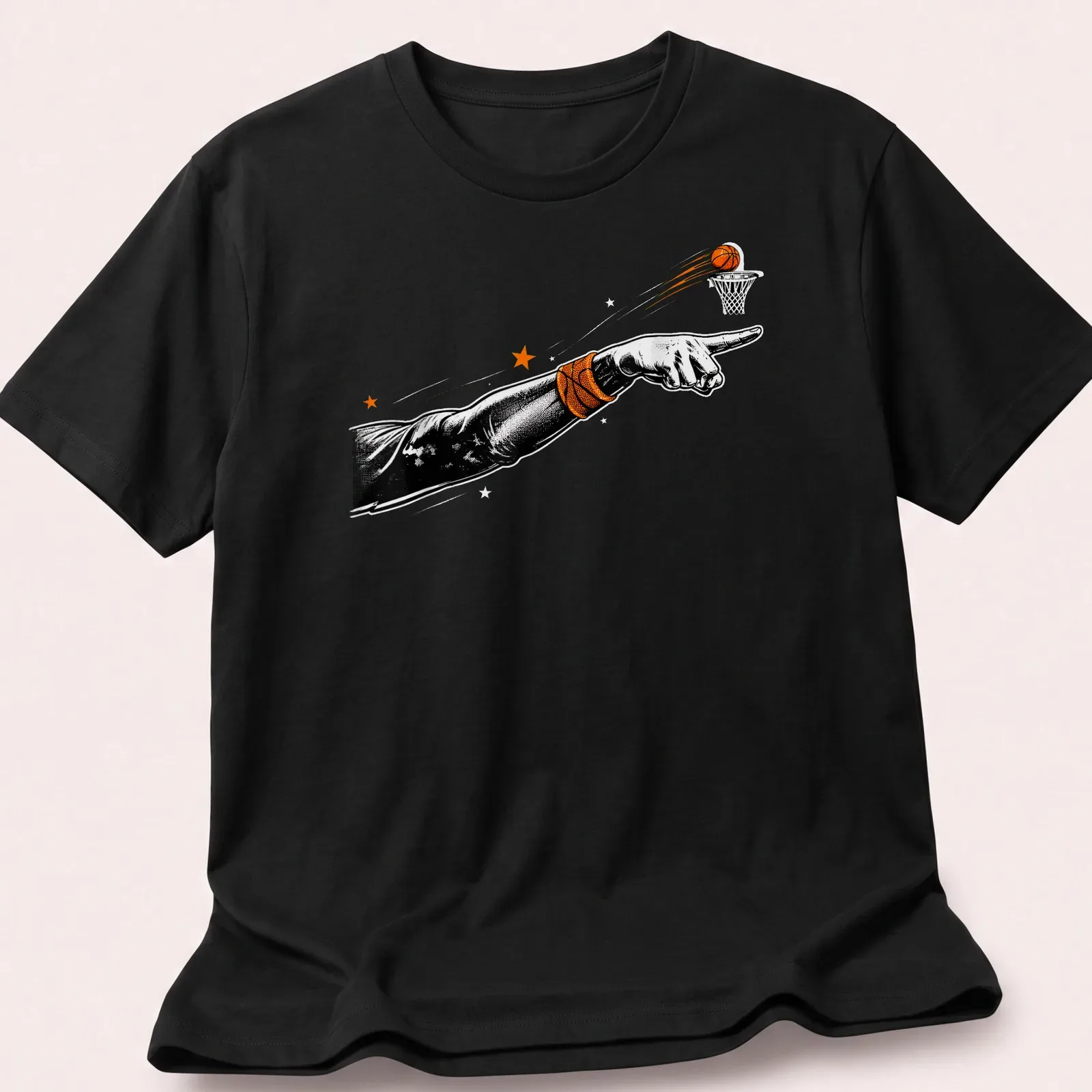 Vintage illustration of a hand pointing, in black, orange, and white. — printed on a unisex t-shirt