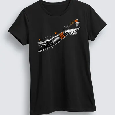 Vintage illustration of a hand pointing, in black, orange, and white. — printed on a women's shirt