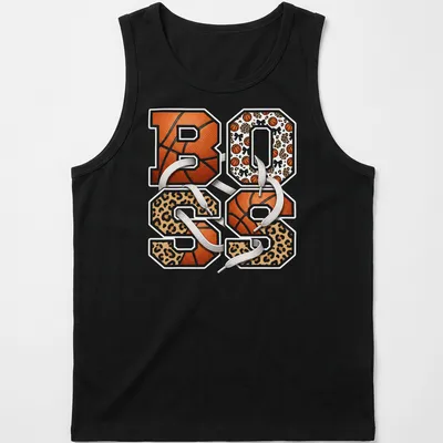 Retro basketball varsity numbers 80 85 on a leopard print background. — printed on a tank top