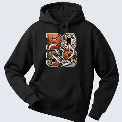 Retro basketball varsity numbers 80 85 on a leopard print background. — printed on a unisex hoodie
