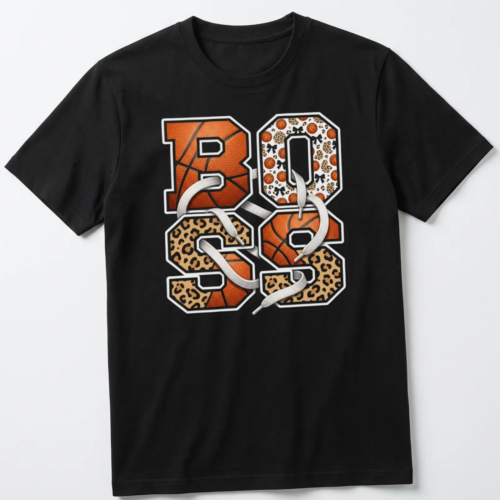 Retro basketball varsity numbers 80 85 on a leopard print background. — printed on a unisex t-shirt