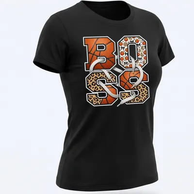 Retro basketball varsity numbers 80 85 on a leopard print background. — printed on a women's shirt