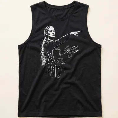 Illustration of a basketball player named Sophie Point in black, white, and orange. — printed on a tank top