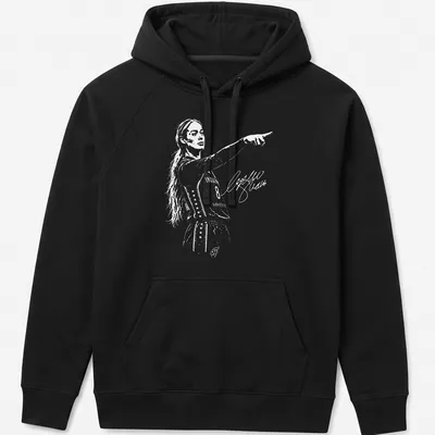 Illustration of a basketball player named Sophie Point in black, white, and orange. — printed on a unisex hoodie