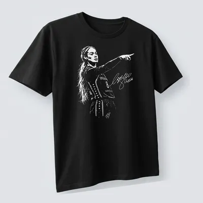 Illustration of a basketball player named Sophie Point in black, white, and orange. — printed on a unisex t-shirt (angled view)