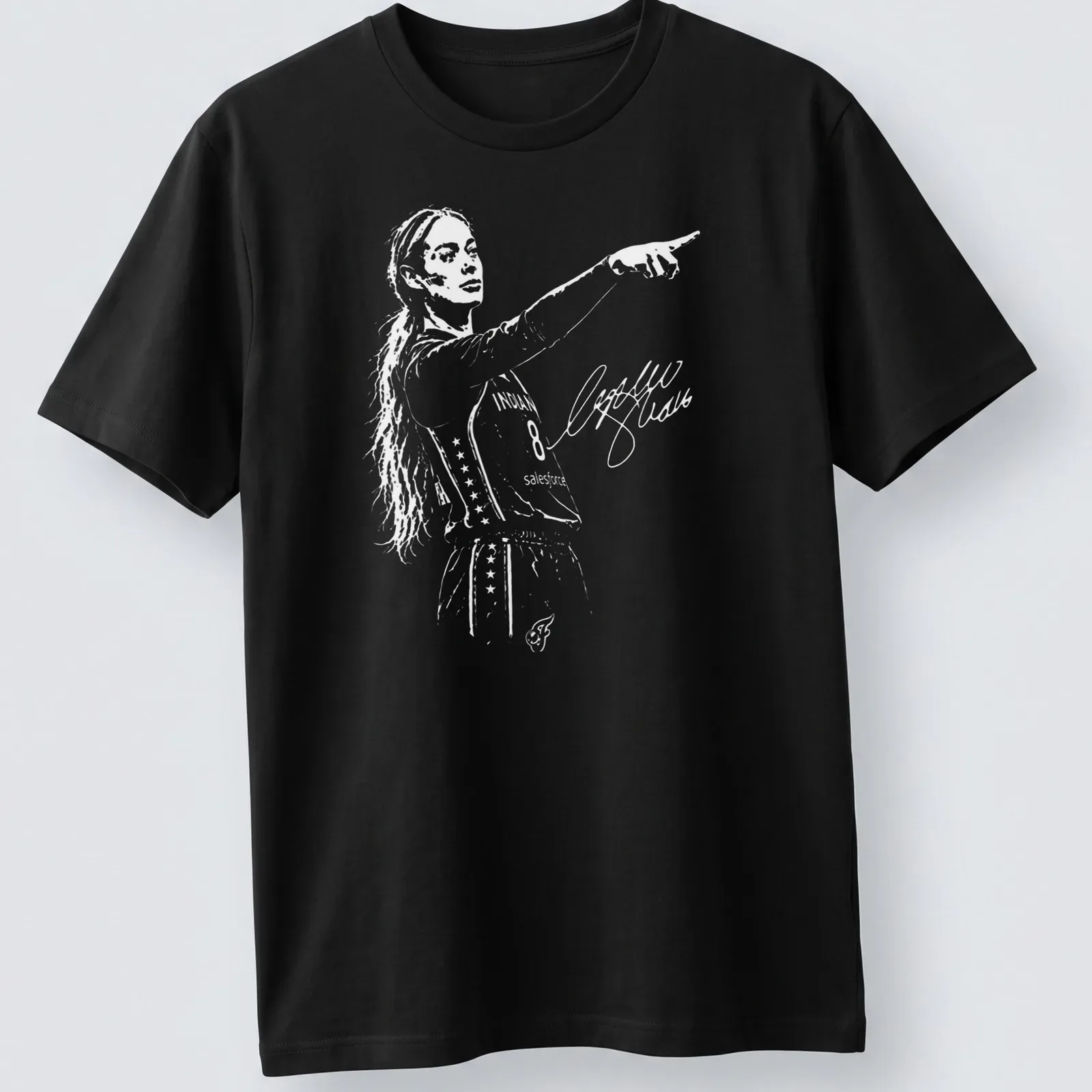 Illustration of a basketball player named Sophie Point in black, white, and orange. — printed on a unisex t-shirt