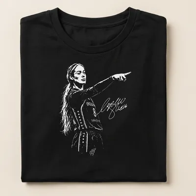 Illustration of a basketball player named Sophie Point in black, white, and orange. — printed on a women's shirt