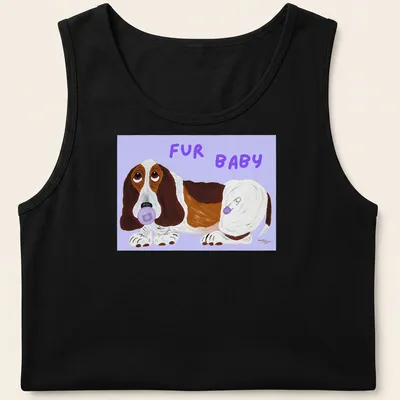 Cartoon Basset Hound puppy with text 'FUR BABY' in vibrant colors — printed on a tank top