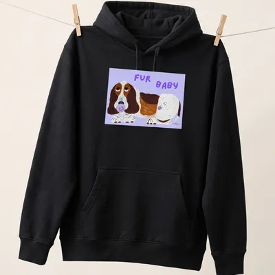 Cartoon Basset Hound puppy with text 'FUR BABY' in vibrant colors — printed on a unisex hoodie