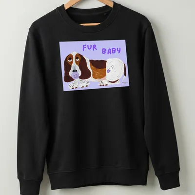 Cartoon Basset Hound puppy with text 'FUR BABY' in vibrant colors — printed on a unisex sweatshirt