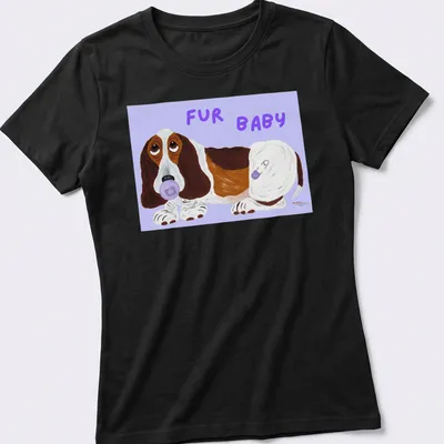 Cartoon Basset Hound puppy with text 'FUR BABY' in vibrant colors — printed on a women's shirt