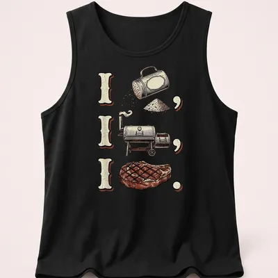Vintage illustration of a BBQ smoker with steak and humorous text — printed on a tank top