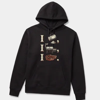 Vintage illustration of a BBQ smoker with steak and humorous text — printed on a unisex hoodie
