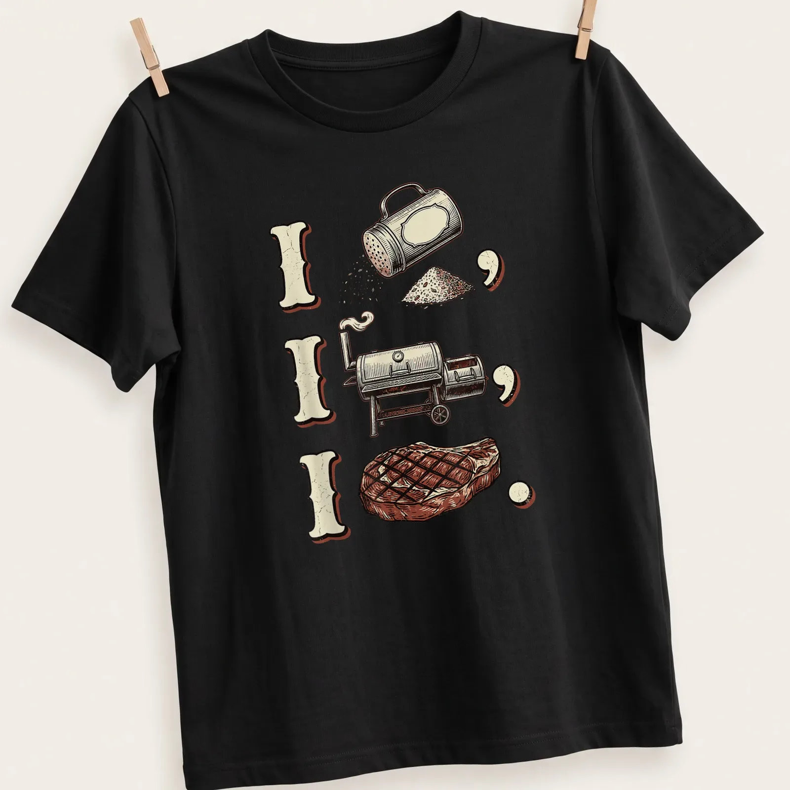 Vintage illustration of a BBQ smoker with steak and humorous text — printed on a unisex t-shirt