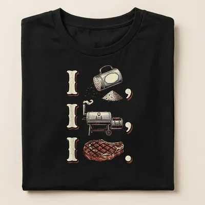Vintage illustration of a BBQ smoker with steak and humorous text — printed on a women's shirt