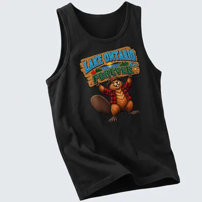 Vintage wood sign style t-shirt featuring beaver and Lake Ontario text — printed on a tank top