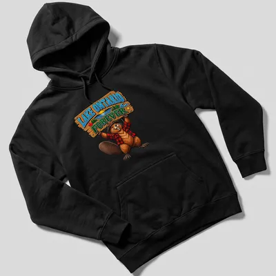 Vintage wood sign style t-shirt featuring beaver and Lake Ontario text — printed on a unisex hoodie