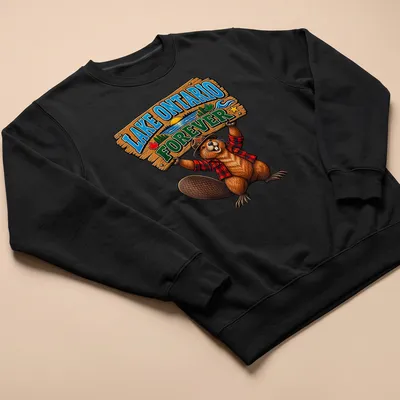 Vintage wood sign style t-shirt featuring beaver and Lake Ontario text — printed on a unisex sweatshirt