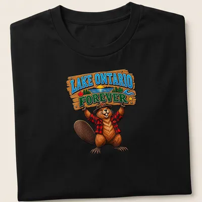 Vintage wood sign style t-shirt featuring beaver and Lake Ontario text