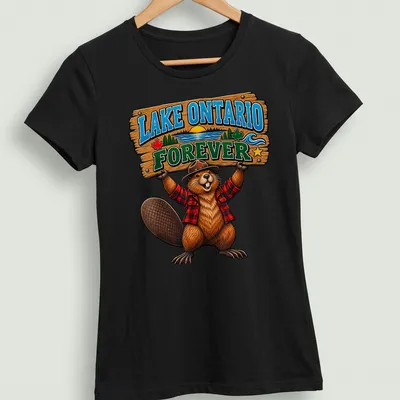 Vintage wood sign style t-shirt featuring beaver and Lake Ontario text — printed on a women's shirt
