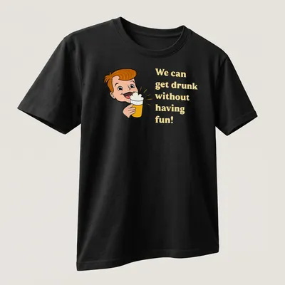 Cartoon character holding a beer with humorous text about drinking and fun — printed on a unisex t-shirt (angled view)