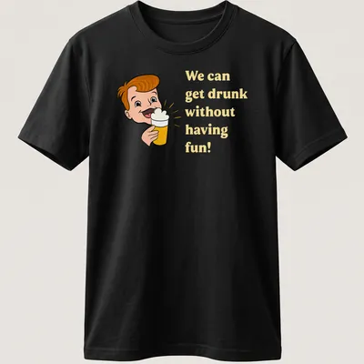Cartoon character holding a beer with humorous text about drinking and fun