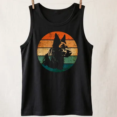 Retro distressed print featuring a Belgian Sheepdog in various colors — printed on a tank top