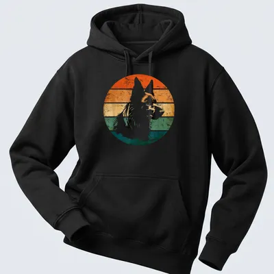 Retro distressed print featuring a Belgian Sheepdog in various colors — printed on a unisex hoodie