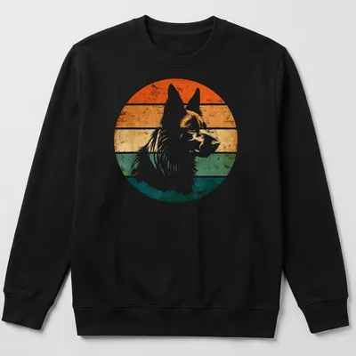 Retro distressed print featuring a Belgian Sheepdog in various colors — printed on a unisex sweatshirt