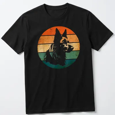 Retro distressed print featuring a Belgian Sheepdog in various colors