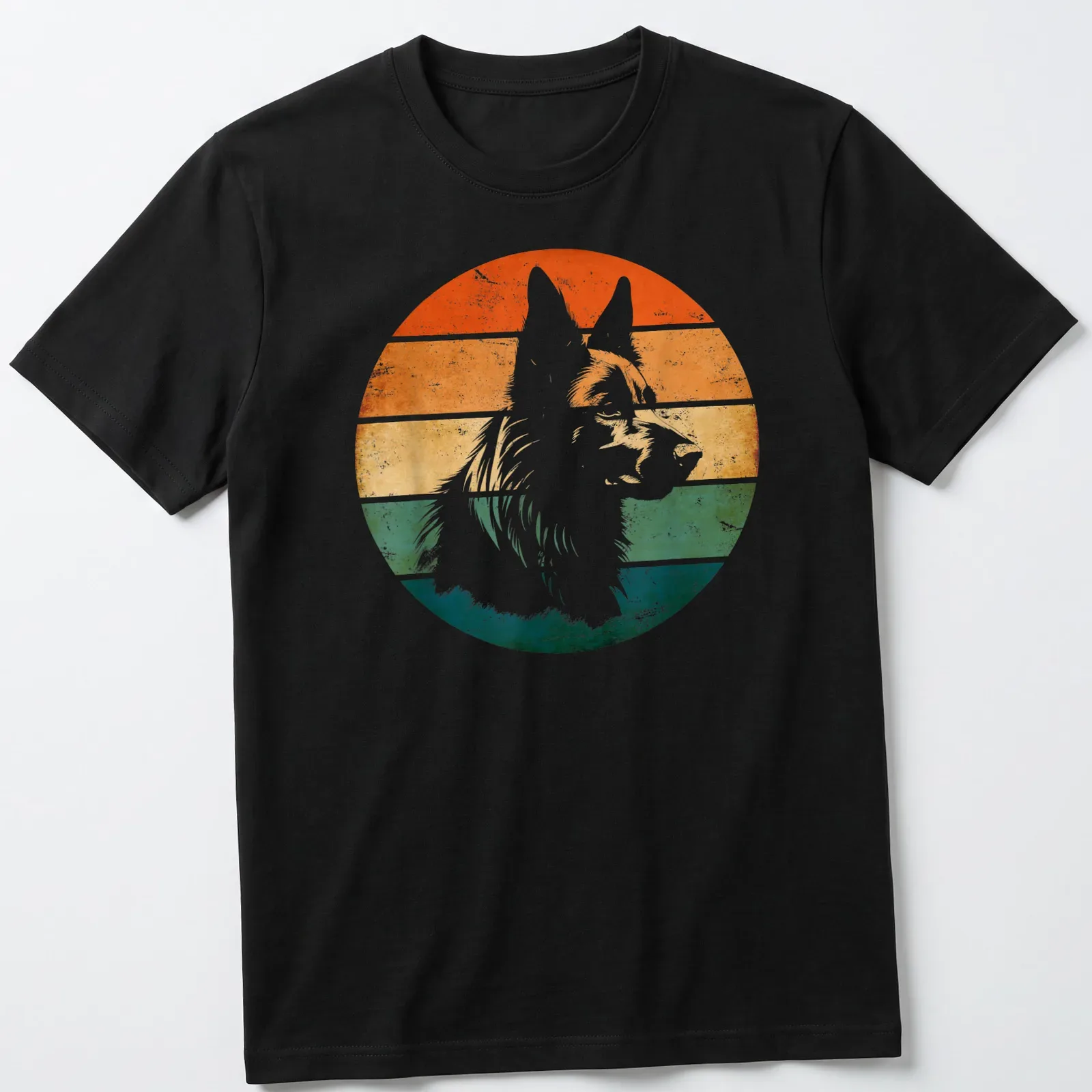 Retro distressed print featuring a Belgian Sheepdog in various colors — printed on a unisex t-shirt