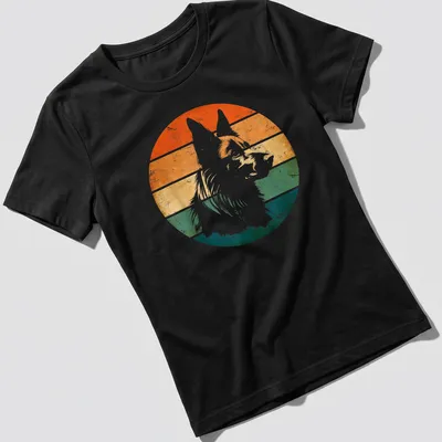 Retro distressed print featuring a Belgian Sheepdog in various colors — printed on a women's shirt