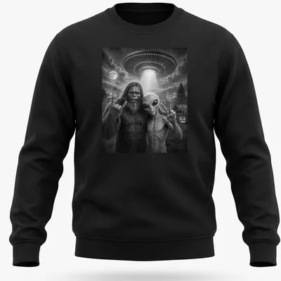 Bigfoot and alien share a selfie with a peace sign in black and white typography — printed on a unisex sweatshirt