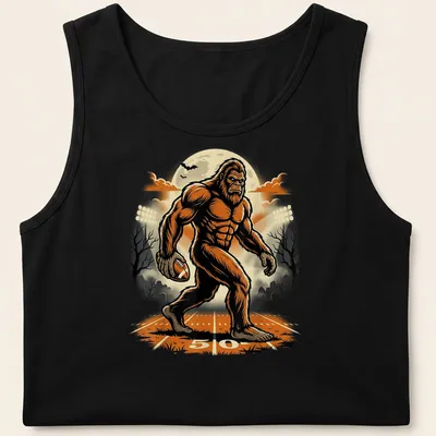 Vintage cartoon Bigfoot kicking a football with a full moon background — printed on a tank top
