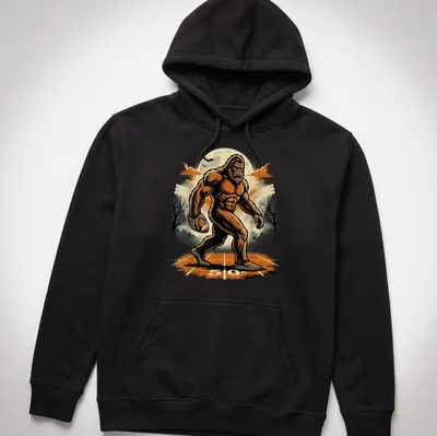 Vintage cartoon Bigfoot kicking a football with a full moon background — printed on a unisex hoodie
