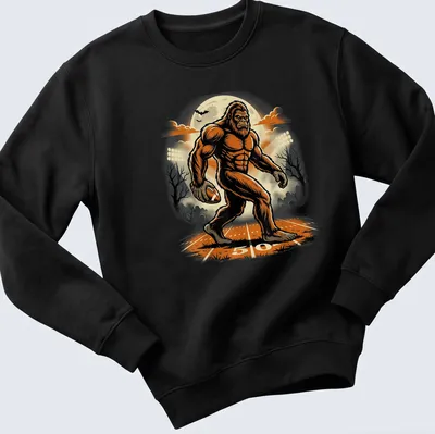 Vintage cartoon Bigfoot kicking a football with a full moon background — printed on a unisex sweatshirt