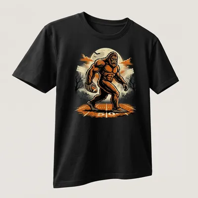 Vintage cartoon Bigfoot kicking a football with a full moon background — printed on a unisex t-shirt (angled view)