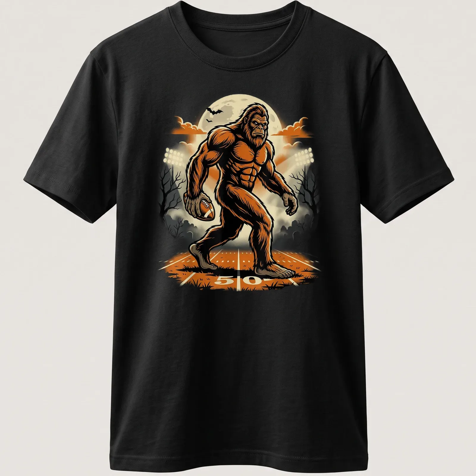 Vintage cartoon Bigfoot kicking a football with a full moon background — printed on a unisex t-shirt