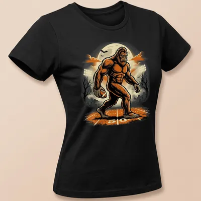 Vintage cartoon Bigfoot kicking a football with a full moon background — printed on a women's shirt