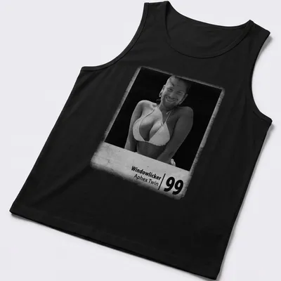 Photographic print of a bikini woman with 'Windowlicker Aphex Twin 99' text — printed on a tank top