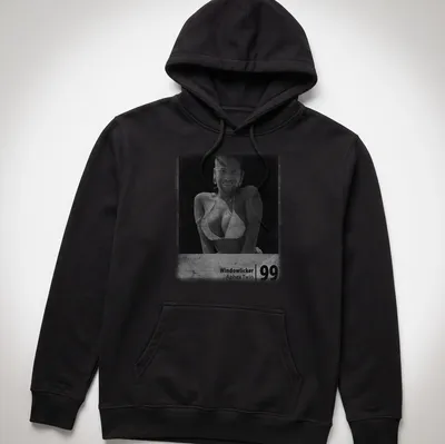 Photographic print of a bikini woman with 'Windowlicker Aphex Twin 99' text — printed on a unisex hoodie