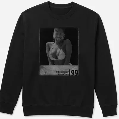 Photographic print of a bikini woman with 'Windowlicker Aphex Twin 99' text — printed on a unisex sweatshirt