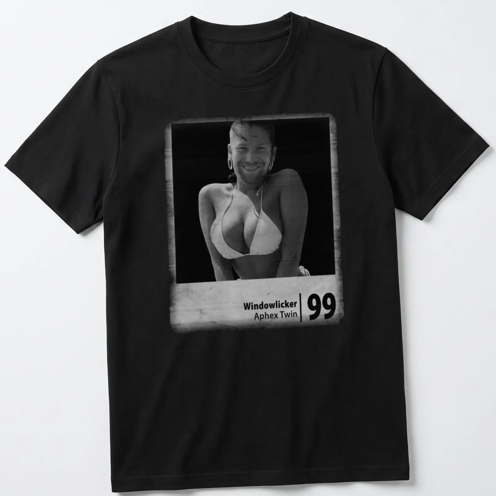 Photographic print of a bikini woman with 'Windowlicker Aphex Twin 99' text — printed on a unisex t-shirt
