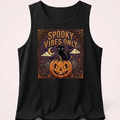 Vintage-style t-shirt featuring a black cat and pumpkin with spooky vibes text. — printed on a tank top